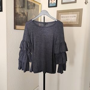 Banana Republic Heathered Charcoal Tiered Ruffle Sleeve Top